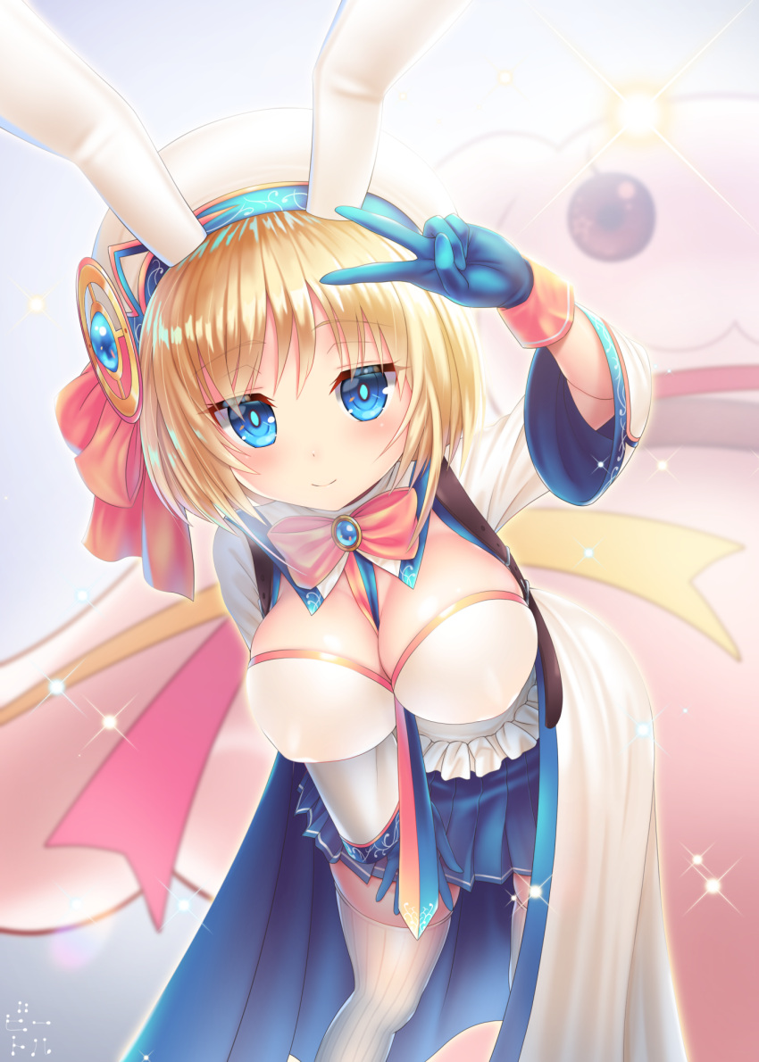 1girl animal_ears arm_up bettle_(b_s_a_n) between_breasts blonde_hair blue_eyes blue_gloves blue_skirt breasts cleavage gloves hand_on_own_leg hat highhighs highres large_breasts leaning_forward looking_at_viewer necktie necktie_between_breasts paula_(sennen_sensou_aigis) rabbit_ears sennen_sensou_aigis short_hair skirt smile solo standing v white_hat white_legwear