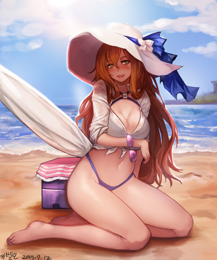 1girl alternate_costume arm_support bangs bare_legs beach bikini blue_bikini blue_sky blush breasts brown_hair cleavage clouds cooler dated eyebrows_visible_through_hair framed_breasts front-tie_top girls_frontline green_eyes groin hair_between_eyes hat head_tilt highleg highleg_bikini highres kibellin large_breasts long_hair looking_at_viewer m1903_springfield_(girls_frontline) navel ocean open_mouth sand see-through shaded_face shirt sidelocks signature sitting sky sleeves_rolled_up smile solo stomach sun_hat sunglasses swimsuit thighs umbrella waves white_hat white_shirt yokozuwari