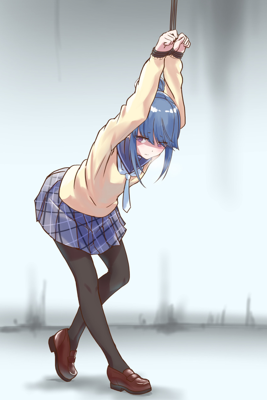 1girl arms_up black_legwear blue_neckwear blue_sailor_collar bound bound_wrists breath brown_footwear closed_mouth eyebrows_visible_through_hair full_body grey_skirt hair_bun highres indoors koso_(hihihihiatorope2) leaning_forward loafers long_hair looking_at_viewer neckerchief pantyhose plaid plaid_skirt pleated_skirt restrained sailor_collar school_uniform serafuku shaded_face shima_rin shiny shiny_hair shoes sidelocks skirt solo standing sweater tied_up violet_eyes yellow_sweater yurucamp