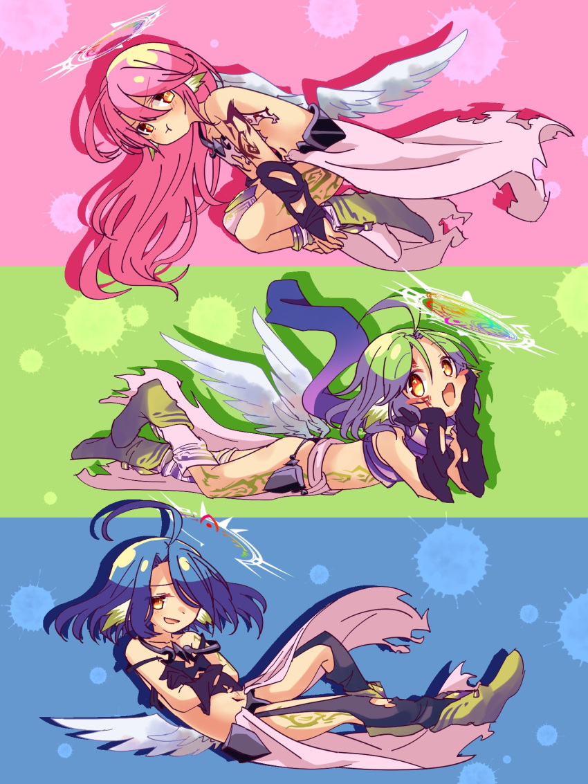 3girls ahoge angel_wings artist_request azriel_(no_game_no_life) blue_hair blush commentary_request crop_top feathered_wings gloves green_hair hair_over_one_eye halo highres jibril_(no_game_no_life) long_hair low_wings magic_circle midriff multicolored multicolored_eyes multiple_girls navel no_game_no_life open_mouth orange_eyes pink_hair raphael_(no_game_no_life) short_hair tattoo torn_clothes very_long_hair white_wings wing_ears wings yellow_eyes younger