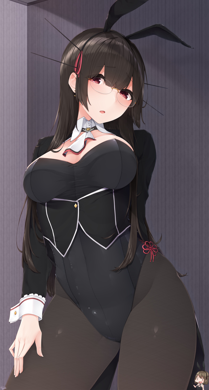 1girl 2girls :o absurdres alternate_costume animal_ears ascot bangs black_hair black_jacket black_legwear black_leotard blush breasts brown_hair bunny_girl bunnysuit chibi choukai_(kantai_collection) cleavage commentary_request covered_navel cropped_jacket curtains detached_collar earrings eyebrows_visible_through_hair fake_animal_ears from_below glasses hair_between_eyes headgear highres indoors jacket jewelry kantai_collection large_breasts leotard lips long_hair long_sleeves looking_at_viewer looking_down maya_(kantai_collection) multiple_girls open_mouth pantyhose rabbit_ears red_eyes rimless_eyewear side-tie_leotard signature solo thighs wrist_cuffs yukichi_(sukiyaki39)