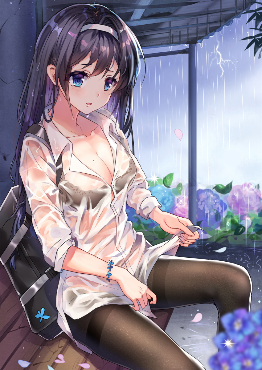 1girl :o bag bench black_bra black_hair black_legwear blue_eyes blurry blurry_background blurry_foreground blush bra breasts building bush cleavage collarbone copyright_request day depth_of_field dripping duffel_bag eyebrows_visible_through_hair feet_out_of_frame flower flower_bracelet gejigejier hairband highres hydrangea lightning long_hair long_sleeves medium_breasts no_pants outdoors pantyhose petals school_bag see-through shelter shiny shiny_hair shirt sitting solo thighband_pantyhose underwear very_long_hair water water_drop wet wet_clothes wet_shirt white_hairband