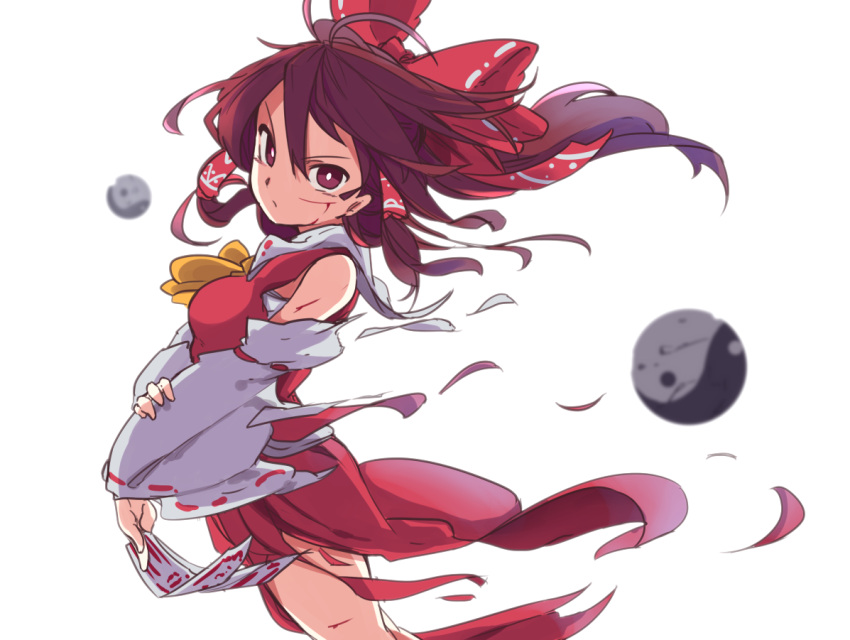 1girl antenna_hair bangs blood blood_on_face bow brown_eyes brown_hair closed_mouth commentary_request cowboy_shot cuts detached_sleeves floating_hair from_side furorina hair_between_eyes hair_bow hair_tubes hakurei_reimu hand_on_own_arm holding injury long_hair looking_at_viewer ofuda red_bow red_skirt ribbon-trimmed_sleeves ribbon_trim sarashi serious sidelocks simple_background skirt skirt_set solo torn_clothes torn_skirt torn_sleeves touhou white_background wide_sleeves