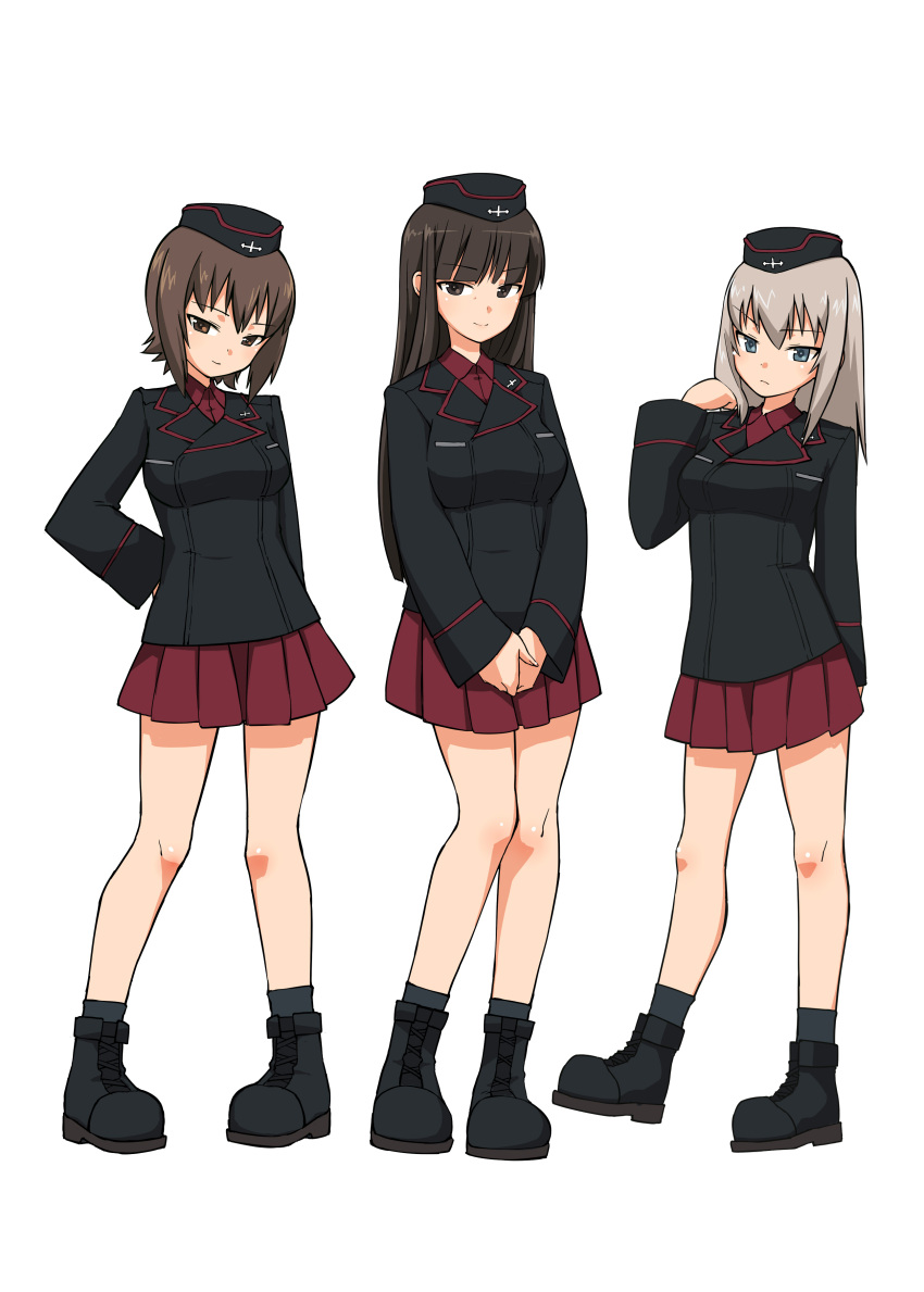 3girls absurdres alternate_costume ankle_boots april_fools arm_behind_back bangs black_footwear black_hat black_jacket black_legwear blue_eyes blunt_bangs boots brown_eyes brown_hair closed_mouth dress_shirt eyebrows_visible_through_hair frown full_body garrison_cap girls_und_panzer hamahara_yoshio hand_on_hip hat head_tilt highres itsumi_erika jacket kuromorimine_military_uniform long_hair long_sleeves looking_at_viewer love_plus military military_hat military_uniform miniskirt mother_and_daughter multiple_girls nishizumi_maho nishizumi_shiho pleated_skirt red_shirt red_skirt shirt short_hair side-by-side silver_hair simple_background skirt smile socks standing uniform v_arms white_background wing_collar