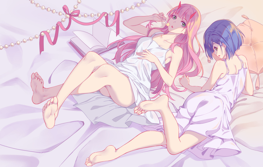 2girls 5plus ass bed_sheet blue_hair book candy collarbone darling_in_the_franxx eyebrows_visible_through_hair food green_eyes hair_ornament hairclip highres horns ichigo_(darling_in_the_franxx) legs legs_crossed lollipop long_hair looking_at_viewer lying multiple_girls on_back on_stomach open_mouth pillow pink_hair ribbon short_hair sleepwear zero_two_(darling_in_the_franxx)