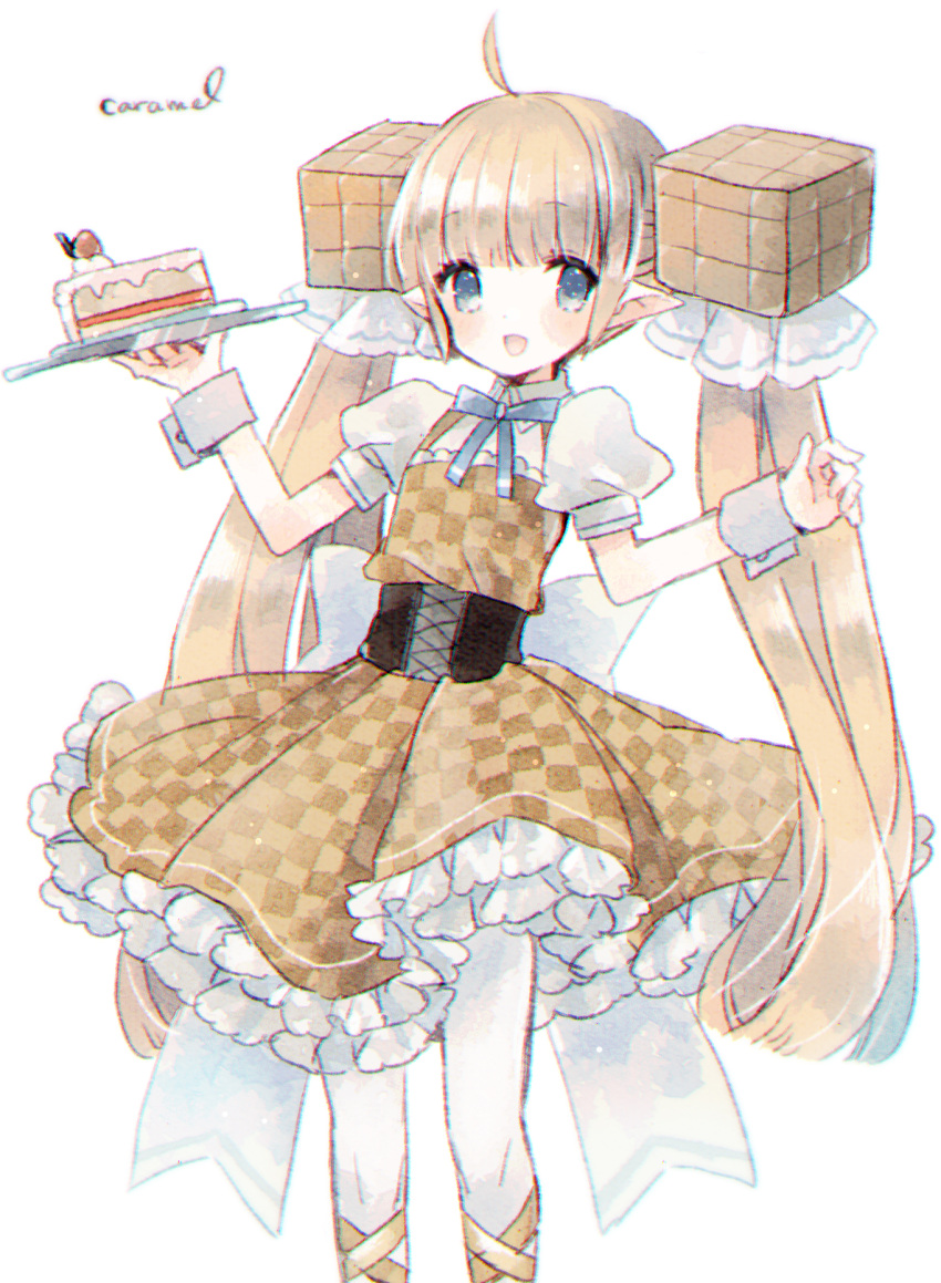 1girl :d ahoge bangs blush brown_dress cake checkered checkered_dress dress eyebrows_visible_through_hair food fruit hair_cubes hair_ornament hair_ribbon highres holding holding_tray kikka_(kicca_choco) light_brown_hair long_hair looking_at_viewer open_mouth original pantyhose plate pointy_ears puffy_short_sleeves puffy_sleeves ribbon shirt short_sleeves sidelocks simple_background sleeveless sleeveless_dress slice_of_cake smile solo strawberry tray twintails very_long_hair white_background white_legwear white_ribbon white_shirt wrist_cuffs