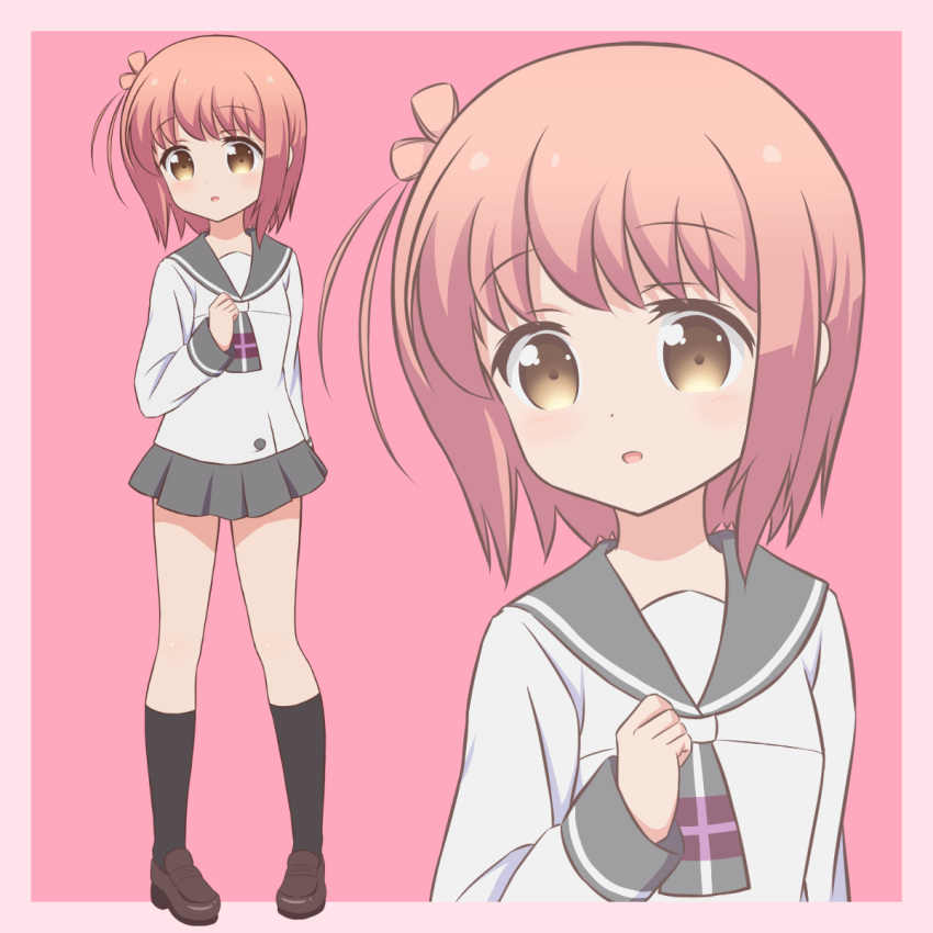 1girl bangs black_legwear blush brown_eyes brown_footwear brown_hair commentary_request eyebrows_visible_through_hair grey_neckwear grey_sailor_collar grey_skirt highres ichinose_hana kashiopea kneehighs loafers long_sleeves looking_at_viewer one_side_up parted_lips pleated_skirt revision sailor_collar school_uniform serafuku shirt shoes skirt slow_start solo white_shirt zoom_layer