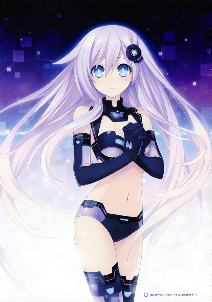 1girl absurdres bare_shoulders blue_eyes blush breasts bustier cleavage cleavage_cutout elbow_gloves emblem gloves hair_ornament hands_clasped highres interlocked_fingers long_hair looking_at_viewer medium_breasts midriff navel nepgear neptune_(series) official_art own_hands_together parted_lips power_symbol purple_hair purple_sister shiny solo symbol-shaped_pupils thigh-highs tsunako