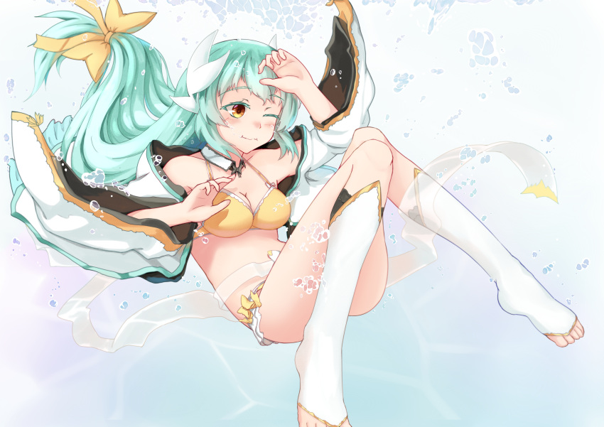 1girl absurdres air_bubble blush bubble eyebrows_visible_through_hair fate/grand_order fate_(series) green_hair highres holding_breath japanese_clothes kiyohime_(fate/grand_order) long_hair low_tied_hair one_eye_closed solo swimsuit underwater very_long_hair wanjie_sa_hua white_legwear yellow_eyes
