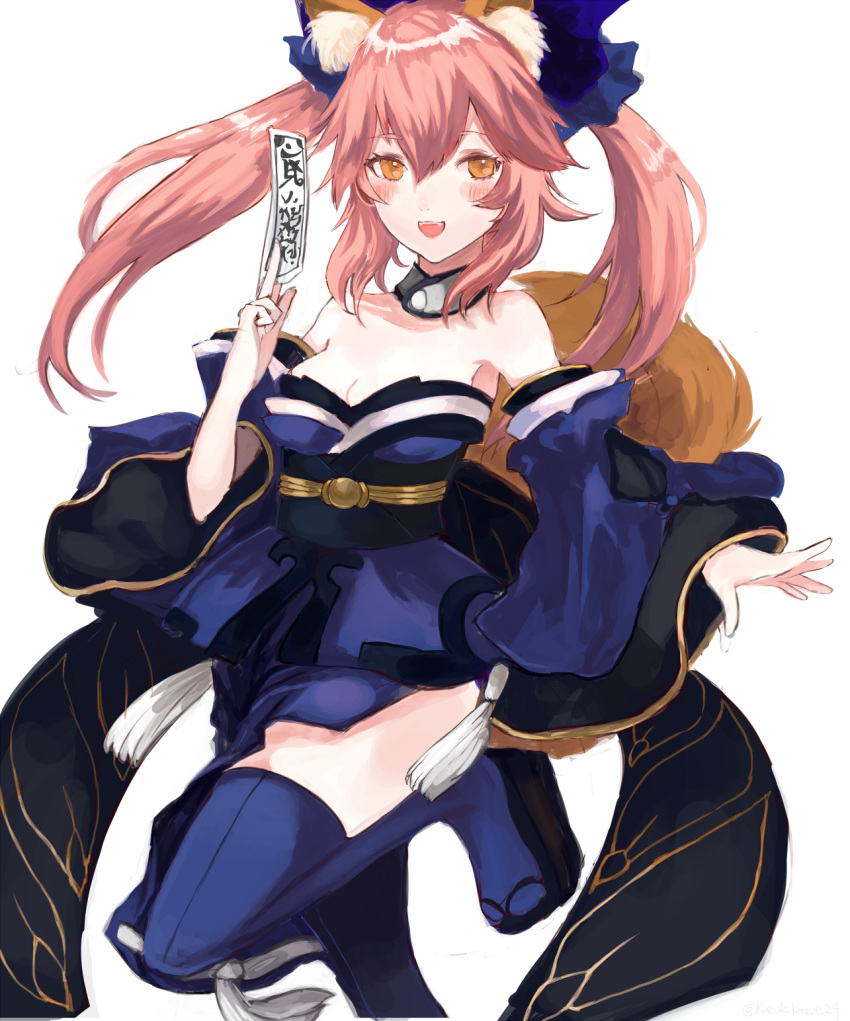 1girl animal_ears bare_shoulders blue_legwear blue_ribbon blush breasts collar commentary_request detached_sleeves eyebrows_visible_through_hair fang fate/grand_order fate_(series) foot_out_of_frame hair_between_eyes hair_ribbon highres hnma3785 japanese_clothes kimono long_hair long_sleeves looking_at_viewer ofuda open_mouth orange_eyes pink_hair ribbon sash simple_background solo tail tamamo_(fate)_(all) tamamo_no_mae_(fate) thigh-highs twintails white_background wide_sleeves