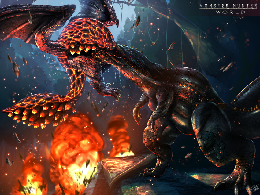 battle bazelgeuse bioluminescence biting claws copyright_name debris deviljho dinosaur dragon drooling epic explosion fire flying full_body glowing glowing_eyes highres monster_hunter monster_hunter:_world no_humans outdoors raruru scales sparks spikes standing wyvern