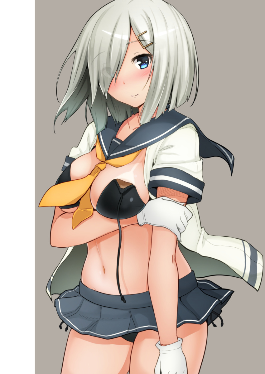 1girl arm_grab bikini black_bikini blouse blue_eyes blue_skirt blush breast_hold breasts closed_mouth cowboy_shot eyebrows_visible_through_hair eyes_visible_through_hair gloves grey_background hair_ornament hairclip hamakaze_(kantai_collection) highres kantai_collection looking_at_viewer medium_breasts microskirt miniskirt navel pleated_skirt sailor sailor_collar short_hair short_sleeves side-tie_bikini silver_hair skirt smile solo standing striped striped_skirt swimsuit swimsuit_under_clothes tan tanline untied untied_bikini white_blouse white_gloves yellow_neckwear yuna_(spn28u79)