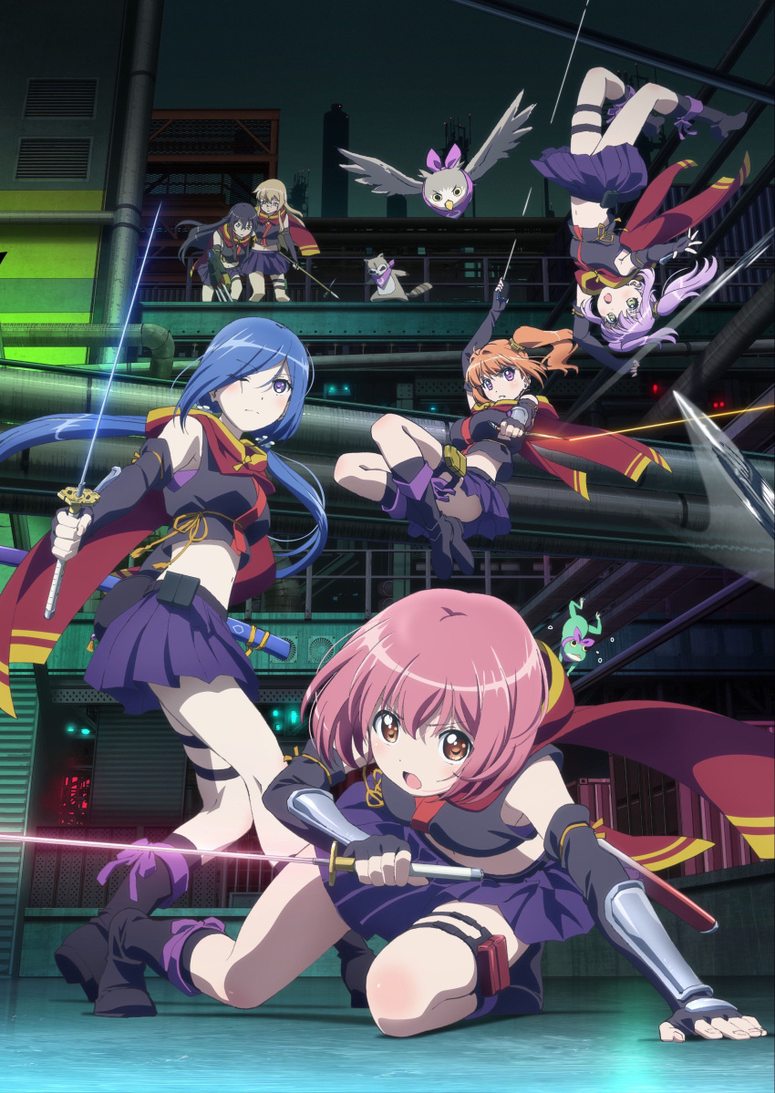 6+girls absurdres arm_guards bird black_hair blonde_hair blue_hair boots brown_eyes building crawling crop_top elbow_gloves fingerless_gloves frog full_body glasses gloves highres katana key_visual knee_boots long_hair low_twintails midriff minamoto_momo miniskirt moon_print multiple_girls navel night official_art one_eye_closed open_mouth pink_hair pipe pleated_skirt purple_hair purple_ribbon purple_skirt raccoon release_the_spyce ribbon scar scar_across_eye short_hair side_ponytail skirt sleeveless stomach sword twintails violet_eyes weapon