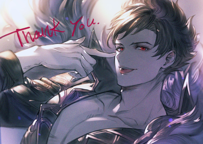 1boy belial_(granblue_fantasy) black_hair black_shirt feather_boa granblue_fantasy highres male_focus minaba_hideo official_art pectorals red_eyes shirt short_hair smile solo tongue tongue_out