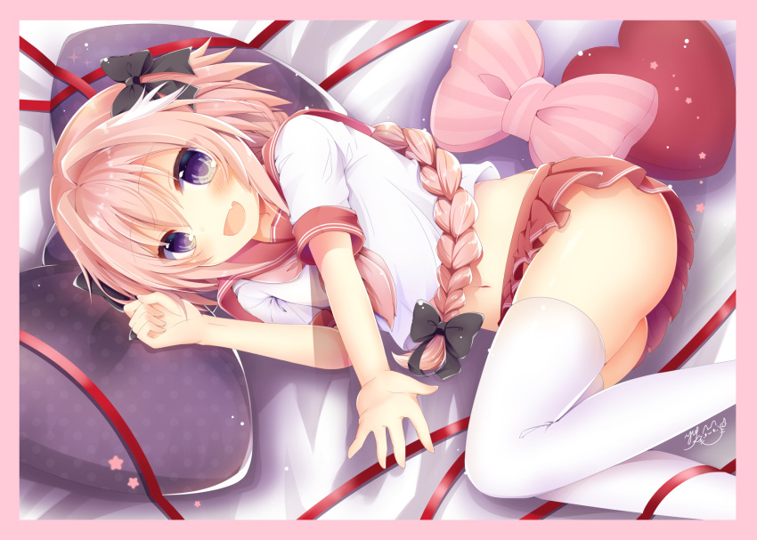 1boy :d ass astolfo_(fate) bangs bed_sheet black_bow blush bow braid clenched_hand commentary_request crop_top dot_nose eyebrows_visible_through_hair fang fate/apocrypha fate/grand_order fate_(series) feet_out_of_frame from_above from_side hair_between_eyes hair_bow hair_intakes hand_up heart heart_pillow highres knees_together_feet_apart knees_up long_hair looking_at_viewer lying male_focus miniskirt multicolored_hair navel neckerchief on_side open_mouth outstretched_arm outstretched_hand pillow pink_border pink_hair pink_neckwear pleated_skirt polka_dot_pillow raised_eyebrows reaching_out red_ribbon red_sailor_collar red_skirt ribbon sailor_collar school_uniform serafuku shirt short_sleeves signature single_braid skirt sleeve_cuffs smile solo star stomach streaked_hair striped_pillow thigh-highs trap two-tone_hair unmoving_pattern very_long_hair violet_eyes white_hair white_legwear white_shirt yukiyuki_441 zettai_ryouiki