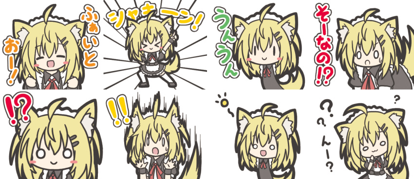 !! !? &gt;_&lt; 1girl :3 :d :o ? ahoge animal_ears arm_up bangs black_dress black_footwear blonde_hair chibi closed_eyes closed_mouth dog_ears dog_girl dog_tail dress eyebrows_visible_through_hair facing_viewer hair_between_eyes head_tilt long_hair looking_at_viewer maid maid_headdress o_o open_mouth original outstretched_arm pointing pointing_up puffy_short_sleeves puffy_sleeves rinechun saturday_night_fever short_sleeves smile surprised sweat tail thigh-highs translation_request white_legwear