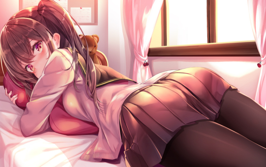 1girl ass bangs bedroom black_legwear black_skirt blouse commentary covered_mouth curtains day from_behind haruka_natsuki indoors long_hair long_sleeves looking_back lying miniskirt on_bed on_stomach one_side_up original pillow pillow_hug pleated_skirt school_uniform serafuku skirt solo stuffed_animal stuffed_toy teddy_bear white_blouse window