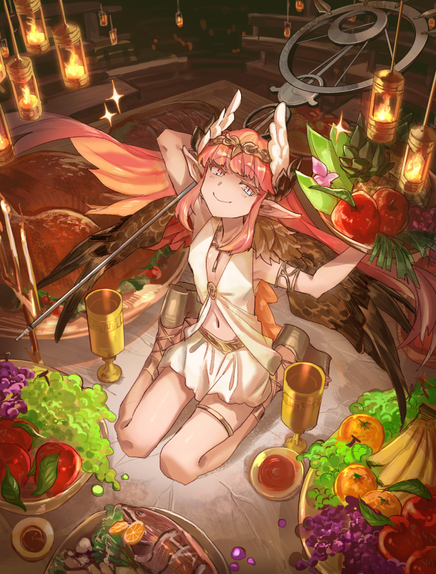1girl alcohol apple candlestand circe_(fate/grand_order) cup fate/grand_order fate_(series) fish food from_above fruit gradient_eyes head_wings highres july_(shichigatsu) meat multicolored multicolored_eyes pineapple pink_hair plate pointy_ears sitting sparkle staff wariza wine wings