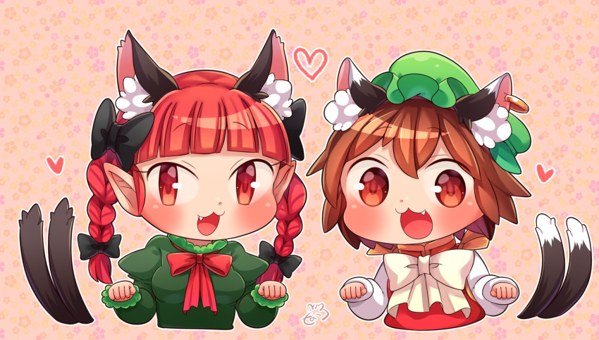2girls :3 animal_ears bangs black_bow blush bow bowtie braid breasts brown_hair cat_ears cat_tail chen chinese_clothes commentary_request dress extra_ears eyebrows_visible_through_hair fang frills green_dress green_hat hair_between_eyes hair_bow hands_up hat heart highres ibaraki_natou jewelry juliet_sleeves kaenbyou_rin long_sleeves looking_at_viewer messy_hair mob_cap multiple_girls multiple_tails nekomata open_mouth patterned_background pointy_ears puffy_sleeves red_eyes red_neckwear red_vest redhead shirt short_hair signature single_earring tail touhou twin_braids two_tails vest white_shirt yellow_neckwear