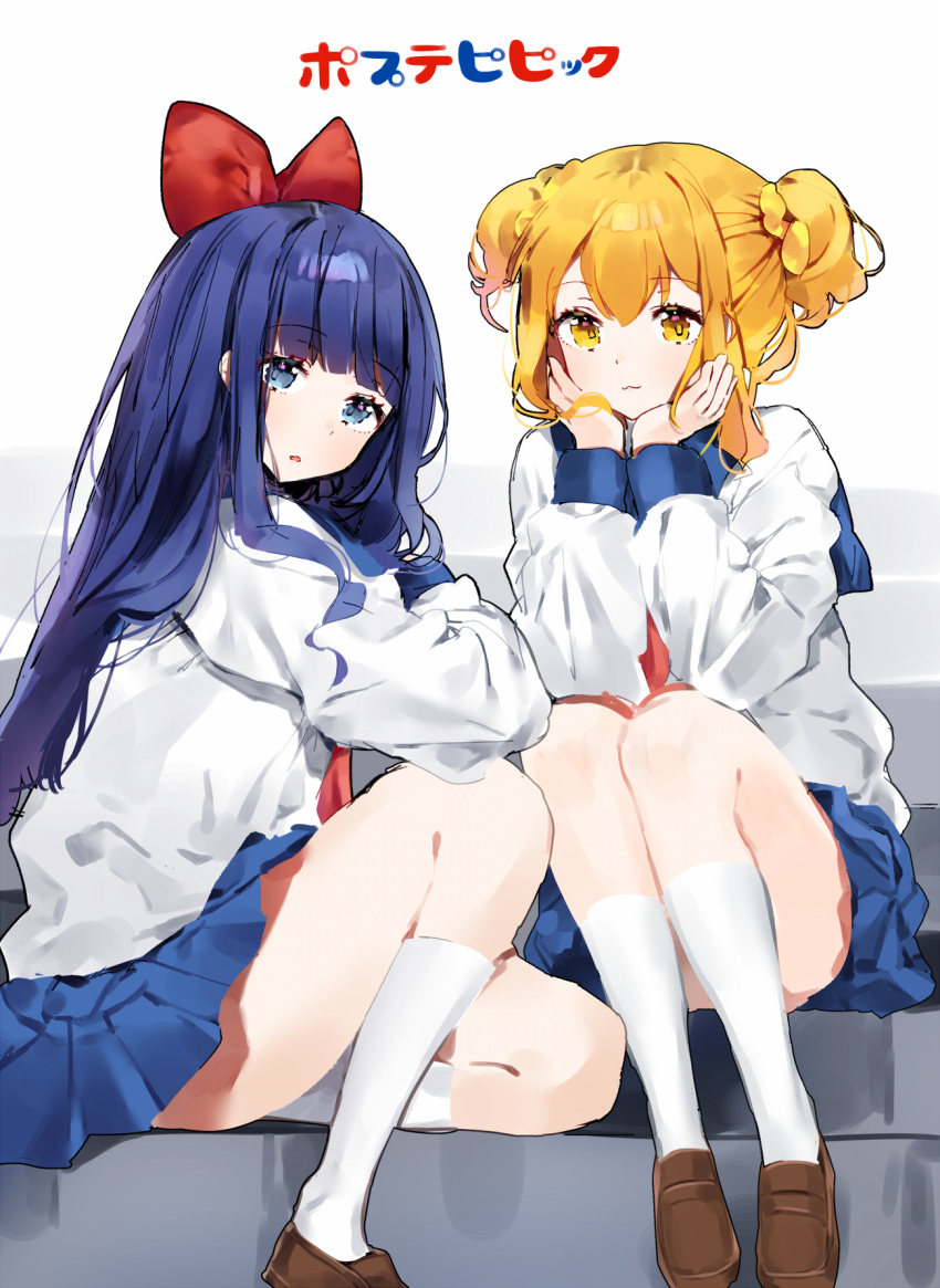 2girls :3 :o bangs blue_eyes blue_hair blue_sailor_collar blunt_bangs bow commentary copyright_name eyebrows_visible_through_hair hair_bow hair_ornament hair_scrunchie hands_on_own_face highres loafers long_hair multiple_girls ongyageum open_mouth orange_eyes orange_hair pipimi poptepipic popuko sailor_collar school_uniform scrunchie serafuku shoes sidelocks sitting smile socks stairs two_side_up white_background white_legwear yellow_scrunchie