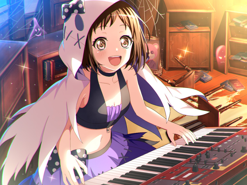 1girl :d bang_dream! blush book bookshelf bow brown_eyes brown_hair chair dress ghost hazawa_tsugumi hood indoors instrument keita_(kta0) keyboard_(instrument) looking_at_viewer midriff navel open_mouth polka_dot polka_dot_bow portrait_(object) purple_dress silk smile spider_web standing wooden_floor zipper