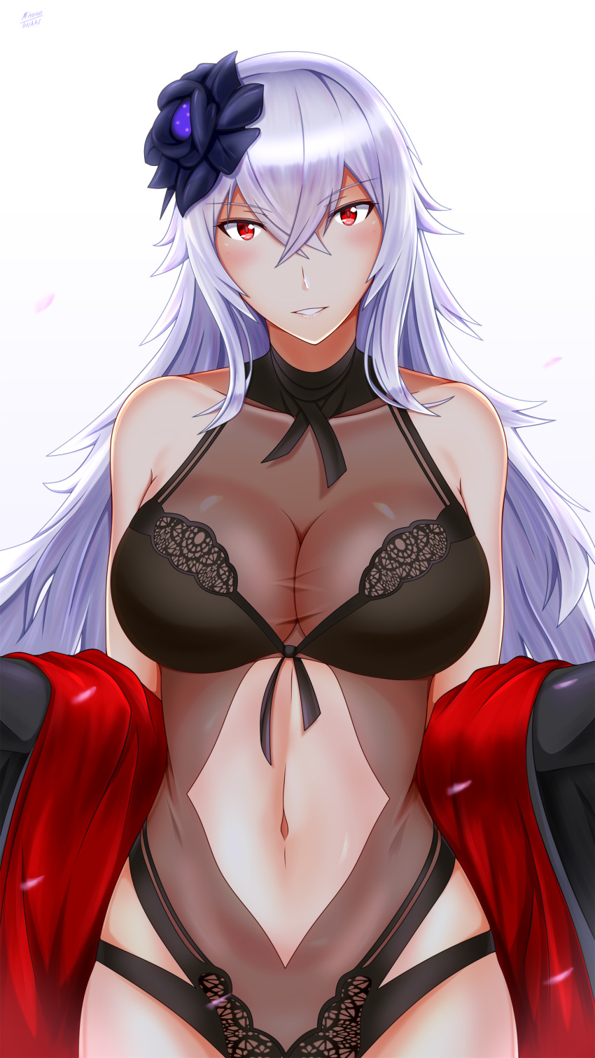 1girl absurdres artist_request azur_lane bangs black_swimsuit blush breasts cleavage eyebrows_visible_through_hair flower graf_zeppelin_(azur_lane) hair_between_eyes hair_flower hair_ornament hands_up head_tilt highleg highres impossible_clothes impossible_swimsuit iron_cross large_breasts leg_up long_hair looking_at_viewer messy_hair navel navel_cutout off_shoulder one-piece_swimsuit parted_lips red_eyes see-through sidelocks signature silver_hair simple_background skindentation solo stomach swimming swimsuit taut_clothes taut_swimsuit thighs upper_body very_long_hair white_background