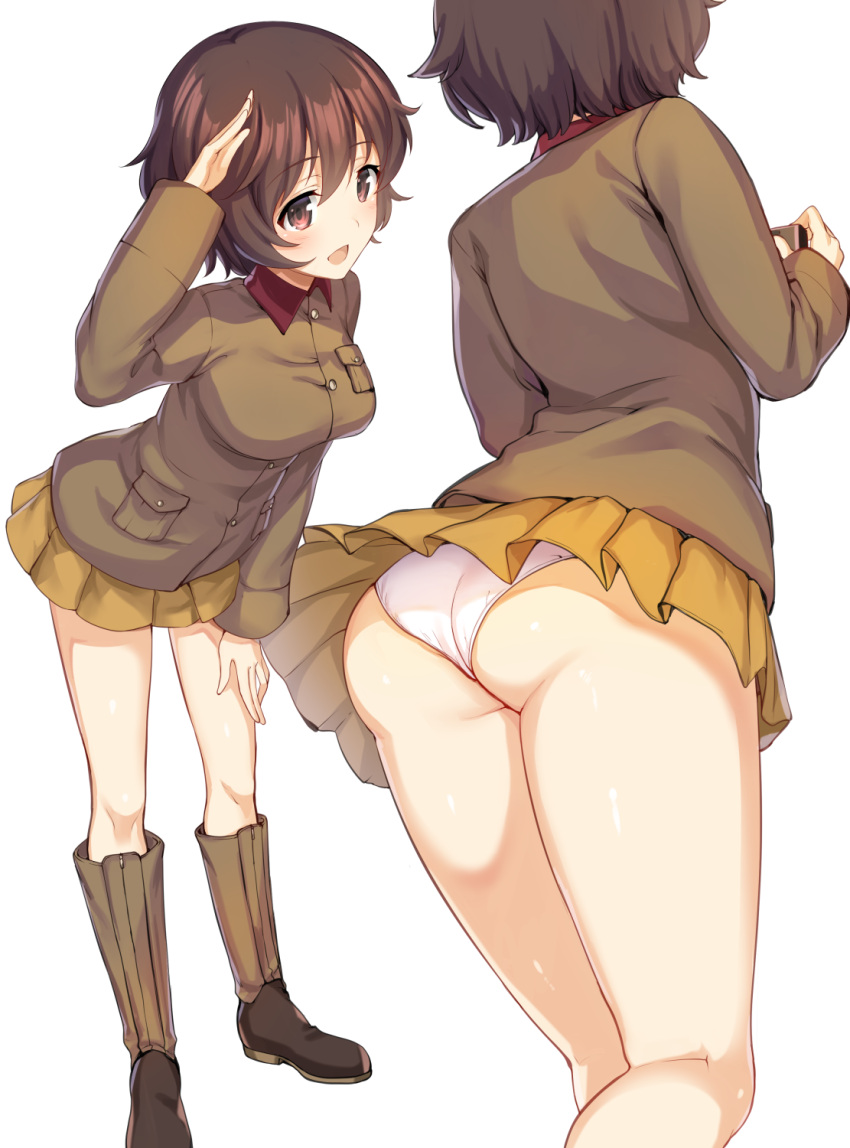 1girl :d akiyama_yukari alternate_costume ass blush boots breasts brown_eyes brown_hair brown_jacket buttons chi-hatan_military_uniform girls_und_panzer highres ikomochi jacket long_sleeves medium_breasts military military_uniform multiple_views open_mouth panties pleated_skirt salute shiny shiny_hair short_hair skirt smile solo underwear uniform white_panties yellow_skirt zipper