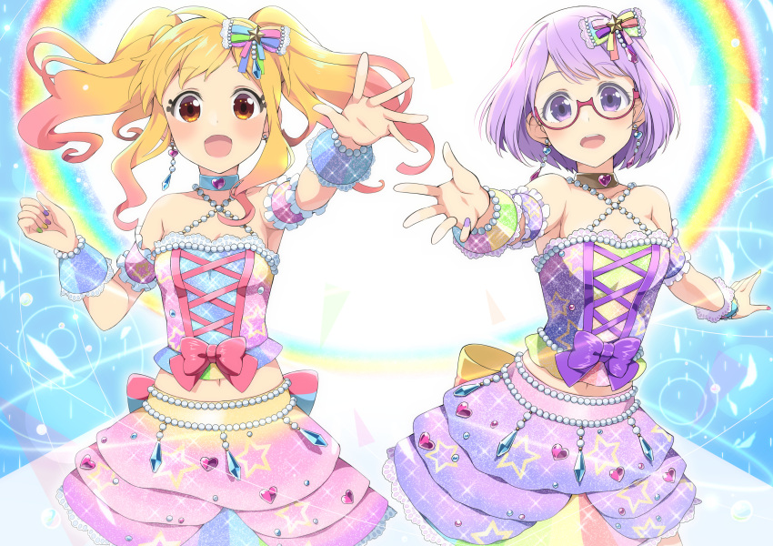 2girls :d absurdres aikatsu!_(series) aikatsu_stars! arm_garter bangs bare_shoulders beads blonde_hair blush bow breasts brown_eyes choker commentary cowboy_shot cross-laced_clothes earrings eyebrows_visible_through_hair fingernails frills gem glasses hair_bow heart highres jewelry lavender_hair layered_skirt long_hair looking_at_viewer medium_breasts midriff multicolored multicolored_hair multicolored_nail_polish multiple_girls nail_polish nanakura_koharu navel nijino_yume open_mouth outstretched_arm pink-framed_eyewear pink_bow pink_hair purple_bow round_teeth semi-rimless_eyewear short_hair skirt sleeveless smile sparkle standing star star_print teeth twintails two-tone_hair violet_eyes wara_(warapro) wrist_cuffs