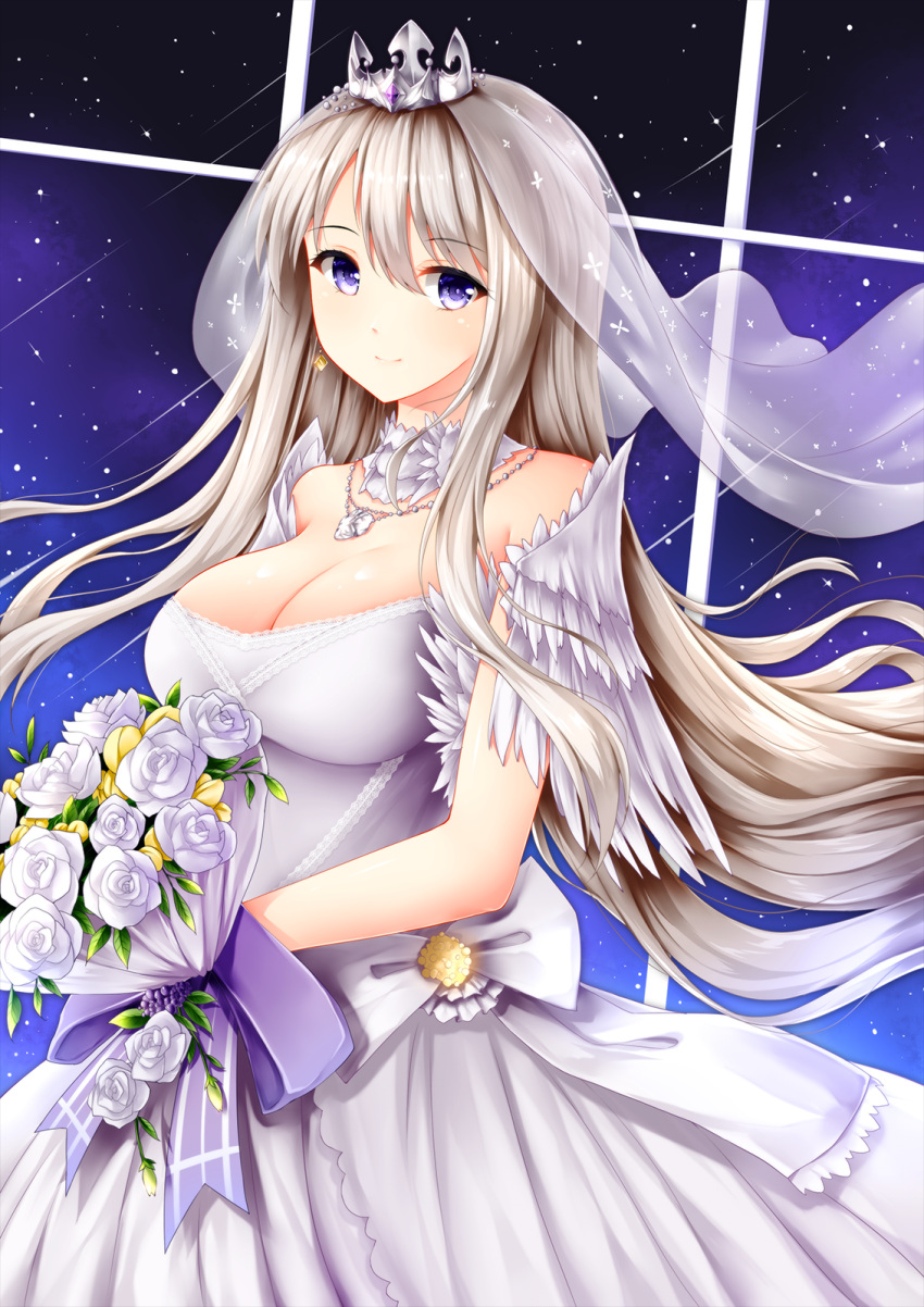 1girl azur_lane bangs bare_shoulders blush bouquet breasts bridal_veil closed_mouth commentary_request crown dress earrings enterprise_(azur_lane) eyebrows_visible_through_hair flower highres holding jewelry large_breasts long_hair looking_at_viewer mini_crown night night_sky silver_hair sky smile solo standing star_(sky) veil violet_eyes white_dress wsman
