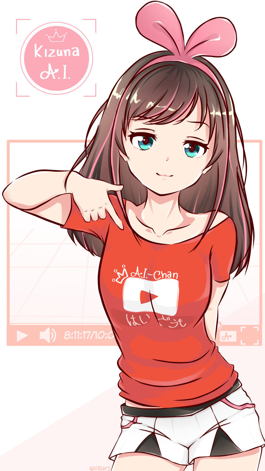 1girl :3 a.i._channel absurdres aqua_eyes arm_behind_back artist_name breasts brown_hair character_name clothes_writing collarbone contrapposto cowboy_shot english_commentary eyebrows_visible_through_hair fklars hair_ornament highres kizuna_ai long_hair looking_at_viewer medium_breasts multicolored_hair off_shoulder pink_hair play_button pointing pointing_at_self red_shirt shirt short_shorts short_sleeves shorts smug solo streaked_hair t-shirt twitter_username virtual_youtuber white_shorts youtube