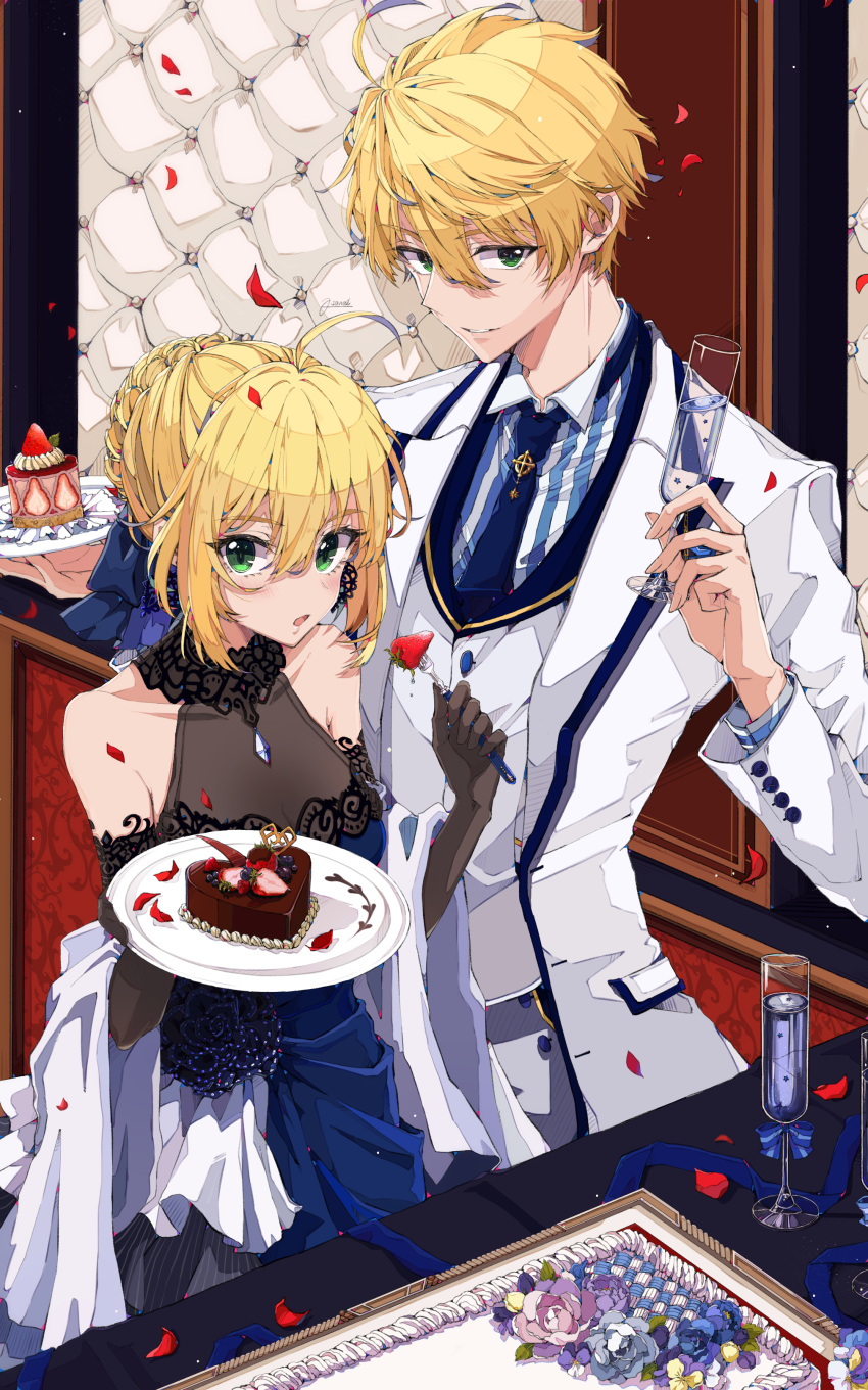 1boy 1girl :o absurdres ahegao ahoge arthur_pendragon_(fate) artoria_pendragon_(all) bangs black_gloves blonde_hair blue_dress blue_neckwear blush breasts buffet cake chocolate chocolate_heart cleavage collarbone collared_shirt cup dress drink drinking_glass earrings elbow_gloves eyebrows_visible_through_hair eyelashes fate/grand_order fate/prototype fate/stay_night fate_(series) food fork formal fruit gloves green_eyes hair_between_eyes hair_bun halter_dress heart height_difference highres holding holding_drinking_glass holding_fork holding_plate indoors jacket jewelry layered_dress long_sleeves looking_at_viewer medium_breasts necktie open_clothes open_jacket open_mouth osanai parted_lips petals plate rose_petals saber saber_(fate/prototype) shirt sidelocks signature sleeveless sleeveless_dress slice_of_cake small_breasts standing star strawberry striped striped_shirt suit table tablecloth unbuttoned vertical-striped_shirt vertical_stripes white_jacket wing_collar