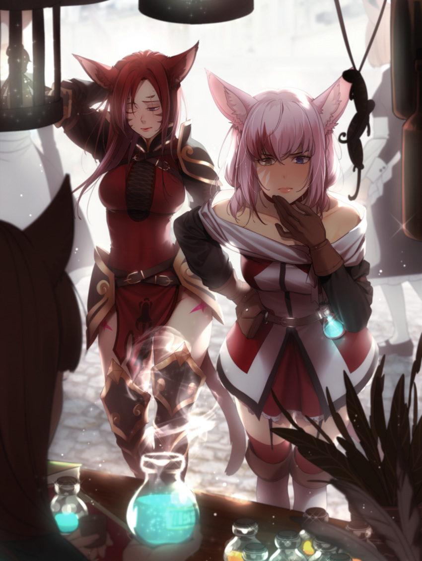 5girls animal_ears bare_shoulders belt blurry blurry_background blurry_foreground brown_hair cat_ears cat_tail choker closed_mouth collarbone commission eventh7 facial_mark final_fantasy final_fantasy_xiv garter_straps gloves heterochromia highres long_hair maid market miqo'te multicolored_hair multiple_girls off_shoulder one_eye_closed outdoors pauldrons pink_hair potion redhead scar scar_across_eye short_hair standing tail tattoo thigh-highs two-tone_hair