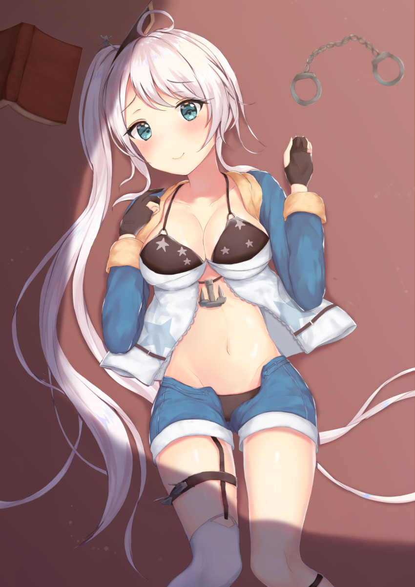 1girl anchor asymmetrical_legwear azur_lane bangs bikini_top black_gloves black_panties blue_eyes blue_shorts blush book breasts cleavage closed_mouth collarbone commentary_request cuffs gloves groin handcuffs highres houraku large_breasts long_hair long_sleeves lying navel on_back open_book panties parted_bangs partly_fingerless_gloves portland_(azur_lane) short_shorts shorts side_ponytail silver_hair single_thighhigh smile solo star thigh-highs underwear very_long_hair white_legwear