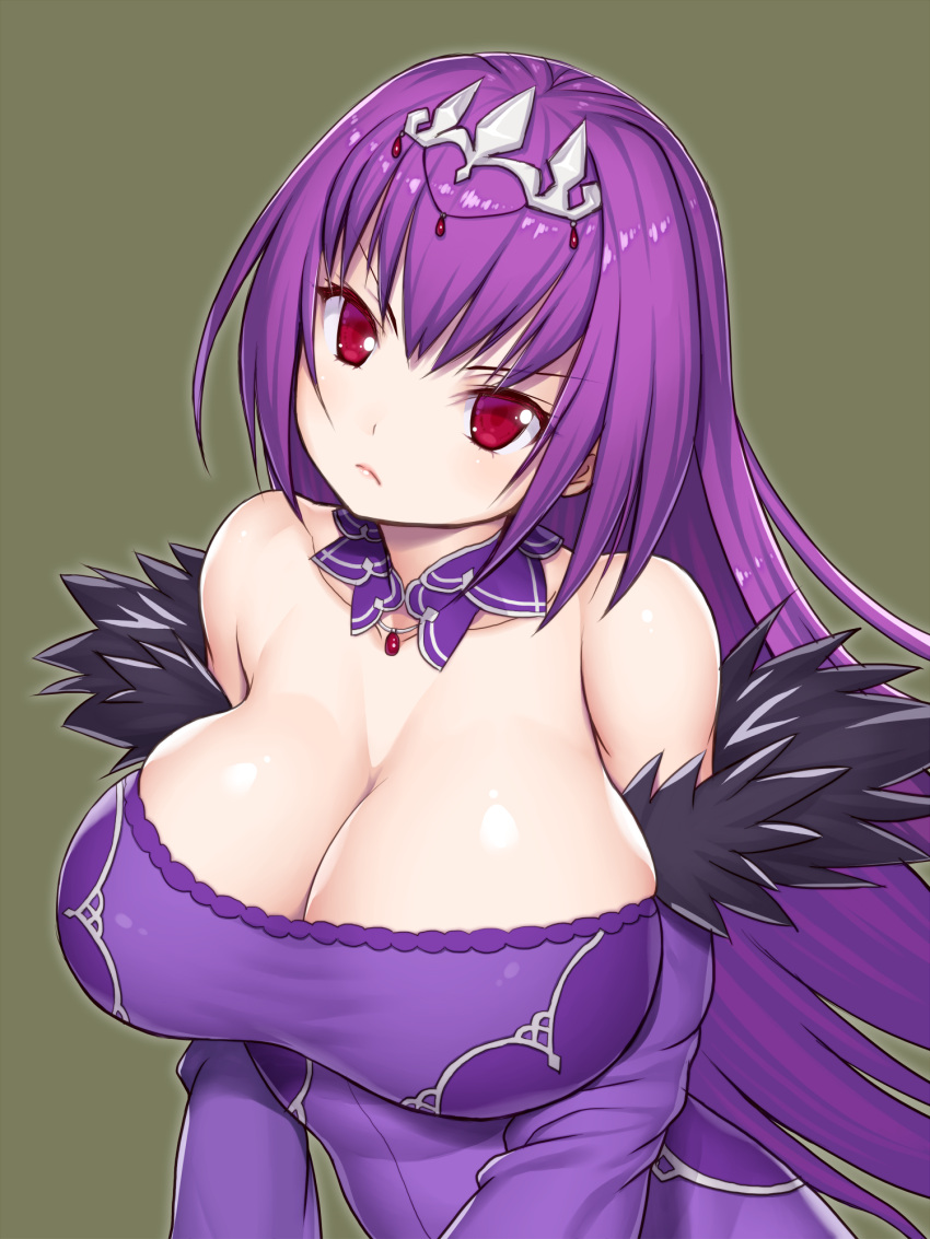 1girl asamura_hiori bangs bare_shoulders breasts caster_(lostbelt) cleavage closed_mouth commentary_request detached_sleeves dress eyebrows_visible_through_hair fate/grand_order fate_(series) fur_trim headpiece highres jewelry large_breasts long_hair looking_at_viewer necklace purple_dress purple_hair red_eyes simple_background solo tiara upper_body