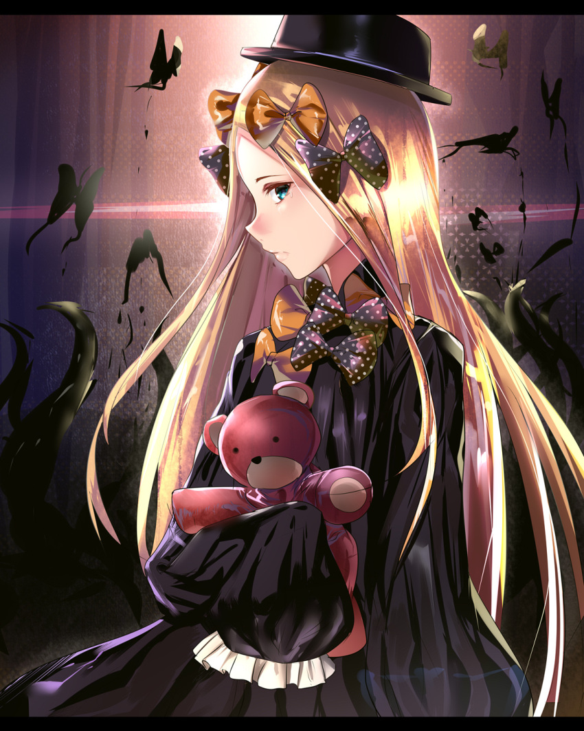 1girl abigail_williams_(fate/grand_order) bangs black_bow black_dress black_hat blonde_hair blue_eyes bow butterfly closed_mouth commentary_request dress fate/grand_order fate_(series) forehead hair_bow hat highres hizagawa_rau insect long_hair long_sleeves looking_at_viewer looking_to_the_side object_hug orange_bow parted_bangs polka_dot polka_dot_bow profile sleeves_past_fingers sleeves_past_wrists solo stuffed_animal stuffed_toy teddy_bear tentacle very_long_hair