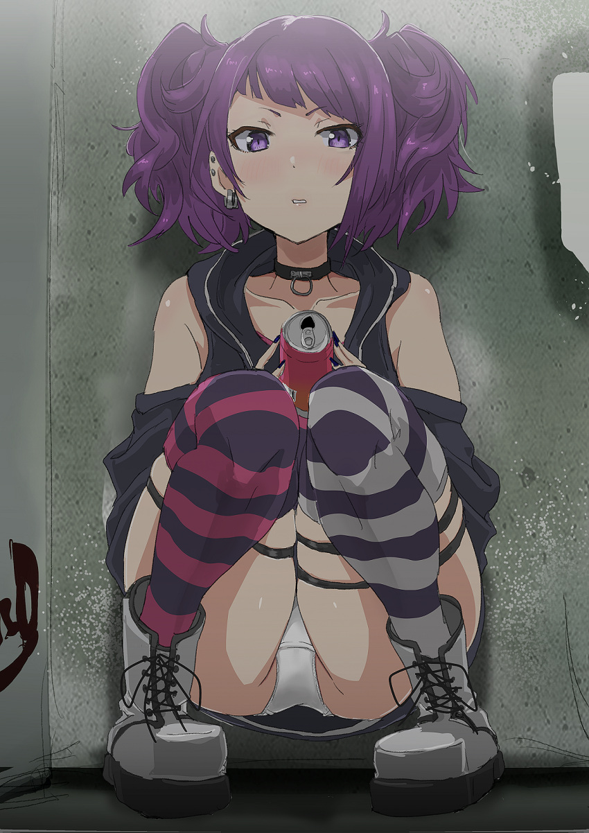 against_wall bangs black_choker blush boots can choker cross-laced_footwear ear_piercing earrings highres idolmaster idolmaster_shiny_colors jewelry lace-up_boots looking_at_viewer medium_hair mismatched_legwear nail_polish panties piercing platform_boots purple_hair purple_nails short_eyebrows short_twintails sleeveless squatting striped striped_legwear stud_earrings tanaka_mamimi thigh-highs thigh_strap twintails underwear violet_eyes white_footwear white_panties zonbaio