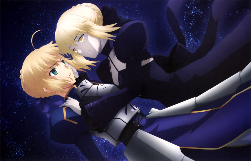 2girls ahoge armor armored_dress artoria_pendragon_(all) blonde_hair blue_dress bow braid breasts cleavage collarbone dress dual_persona fate/stay_night fate_(series) faulds french_braid gauntlets green_eyes hair_ribbon hand_on_another's_cheek hand_on_another's_face heaven's_feel highres juliet_sleeves long_sleeves mitsui_arisa multiple_girls official_art open_mouth pale_skin puffy_sleeves ribbon saber saber_alter short_hair sidelocks sky small_breasts smile star_(sky) starry_sky yellow_eyes