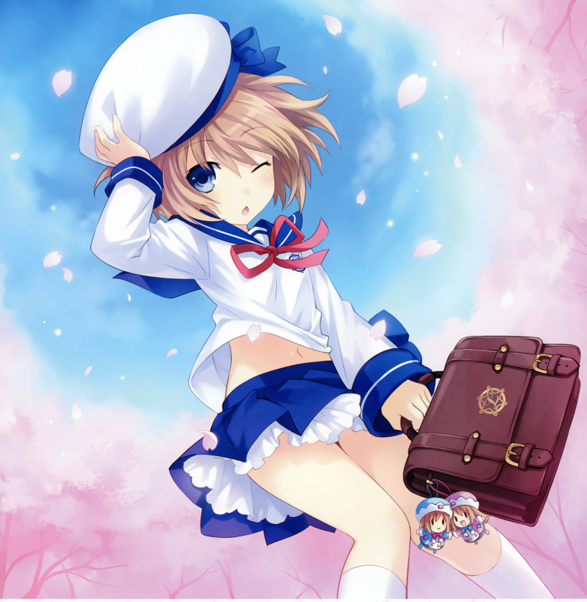 1girl absurdres bag beret blanc blue_eyes brown_hair cherry_blossoms hand_on_headwear hat highres holding keychain kneehighs knees_together_feet_apart midriff navel neck_ribbon neptune_(series) official_art one_eye_closed open_mouth outdoors petals pleated_skirt ram_(choujigen_game_neptune) ribbon rom_(choujigen_game_neptune) school_bag school_uniform serafuku shirt short_hair skirt tsunako white_legwear wind