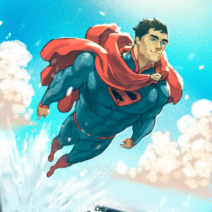 1boy abs arthur_asa boots cape chest clark_kent dc_comics flying highres justice_league muscle ocean short_hair sky superhero superman superman_(series)