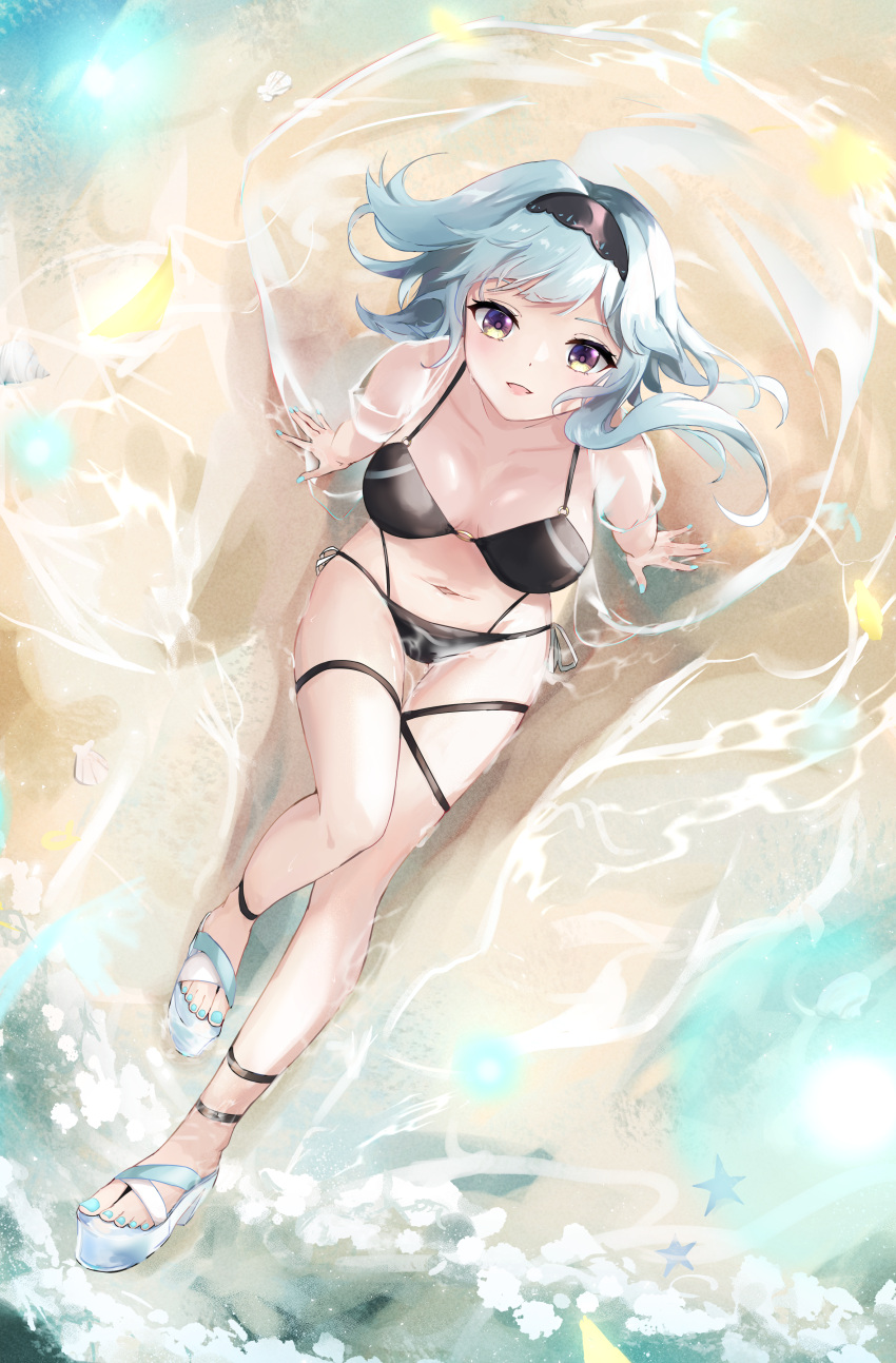 1girl absurdres ankle_strap bangs beach bikini black_bikini blue_hair blue_nails breasts elphe eula_(genshin_impact) from_above genshin_impact hair_blowing hairband highres knee_up large_breasts looking_at_viewer looking_up medium_hair nail_polish navel outdoors partially_submerged sandals see-through see-through_shirt side-tie_bikini sitting smile solo starfish swimsuit thigh_strap violet_eyes water wet