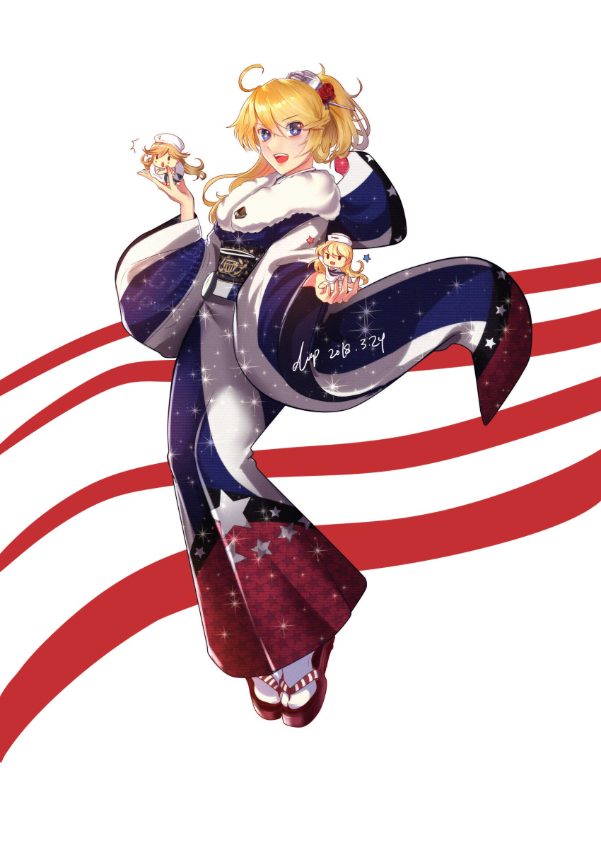 3girls absurdres american_flag blonde_hair blue_eyes fairy_(kantai_collection) flag_print hair_between_eyes headgear highres iowa_(kantai_collection) japanese_clothes kantai_collection kimono multiple_girls ponytail star star-shaped_pupils striped symbol-shaped_pupils vertical_stripes wide_sleeves