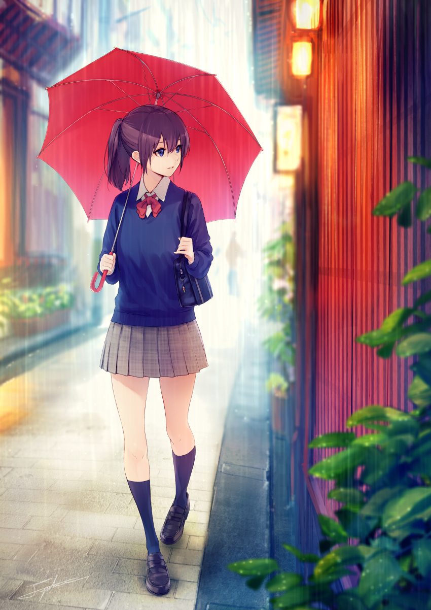 1girl absurdres alley bag bag_charm bangs black_footwear blue_eyes blue_sweater blurry blurry_background blurry_foreground bow bowtie brown_skirt charm_(object) day eyebrows_visible_through_hair flower_pot full_body fuyuno_yuuki highres holding holding_umbrella kneehighs lantern loafers long_hair long_sleeves looking_away looking_to_the_side navy_blue_legwear original outdoors parted_lips plaid plaid_skirt plant pleated_skirt potted_plant puddle purple_hair rain red_bow red_neckwear school_bag shoes shoulder_bag signature skirt smile solo_focus stone_floor sweater umbrella walking wall water