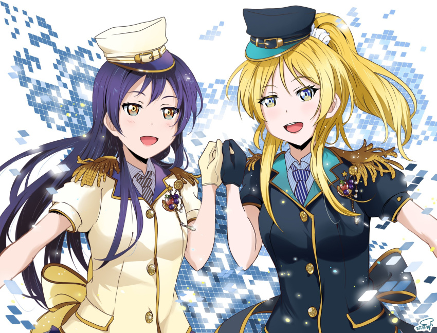 2girls ayase_eli bangs black_gloves blonde_hair blue_eyes blue_hair blush commentary_request epaulettes eyebrows_visible_through_hair gloves hair_between_eyes hand_holding hat highres long_hair looking_at_viewer love_live! love_live!_school_idol_festival love_live!_school_idol_project multiple_girls necktie open_mouth ponytail sonoda_umi striped_neckwear suan_ringo white_gloves yellow_eyes
