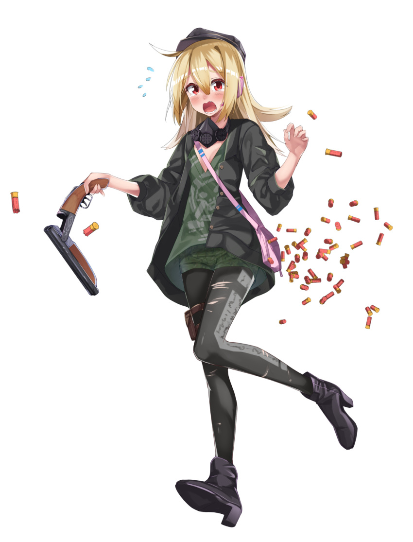 1girl bag bangs black_footwear black_hat black_jacket black_legwear blonde_hair blush boots breasts camouflage camouflage_shorts commentary_request ear_protection eyebrows_visible_through_hair fang fingernails flat_cap flower full_body green_shirt green_shorts gun hair_between_eyes haru_to_neru_(act_partner) hat headset high_heel_boots high_heels highres holding holding_gun holding_weapon holster jacket long_hair long_sleeves open_clothes open_jacket open_mouth original oxygen_mask pantyhose red_eyes sawed-off_shotgun shirt short_shorts shorts shotgun shotgun_shells shoulder_bag simple_background small_breasts solo standing standing_on_one_leg thigh_holster torn_clothes torn_pantyhose trigger_discipline weapon weapon_request white_background