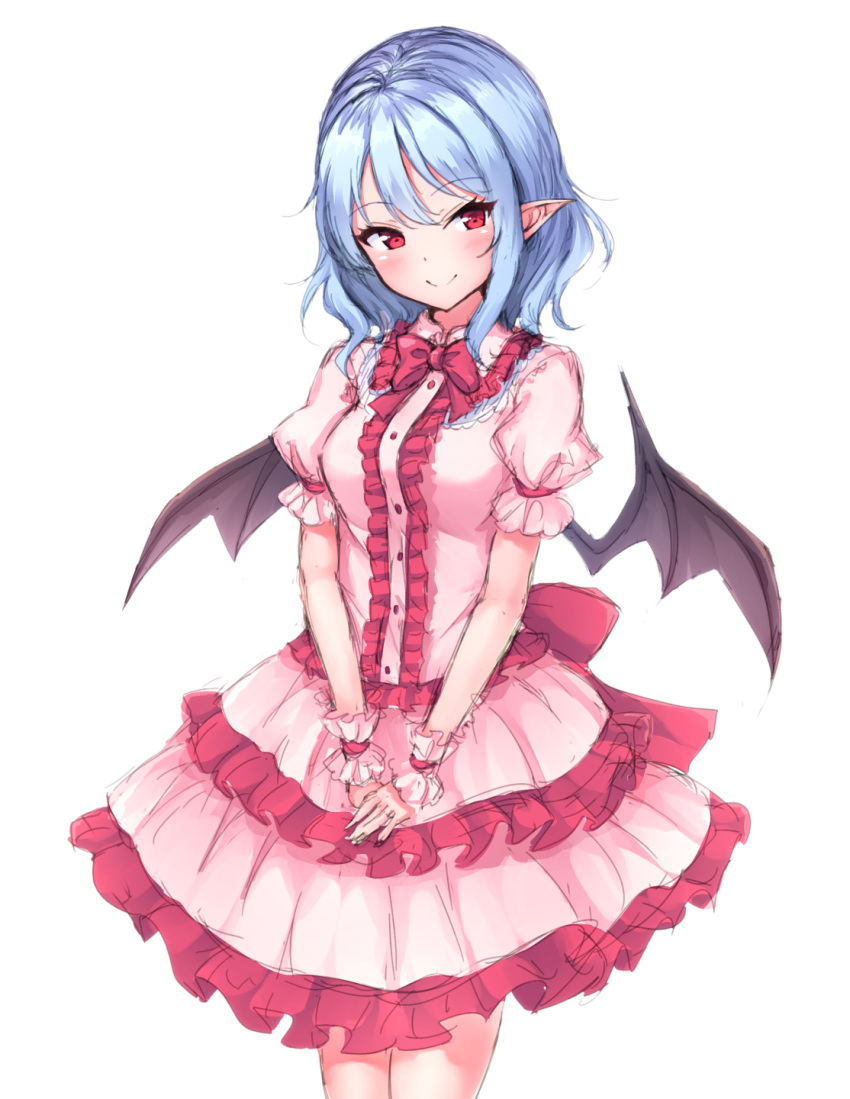 1girl blue_hair blush bow breasts commentary cowboy_shot dress eyebrows_visible_through_hair frilled_dress frilled_shirt_collar frills head_tilt highres junior27016 layered_dress looking_at_viewer medium_breasts neck_bow no_hat no_headwear pink_dress pointy_ears puffy_short_sleeves puffy_sleeves red_bow red_eyes red_neckwear remilia_scarlet short_sleeves simple_background smile solo standing touhou v_arms white_background wrist_cuffs