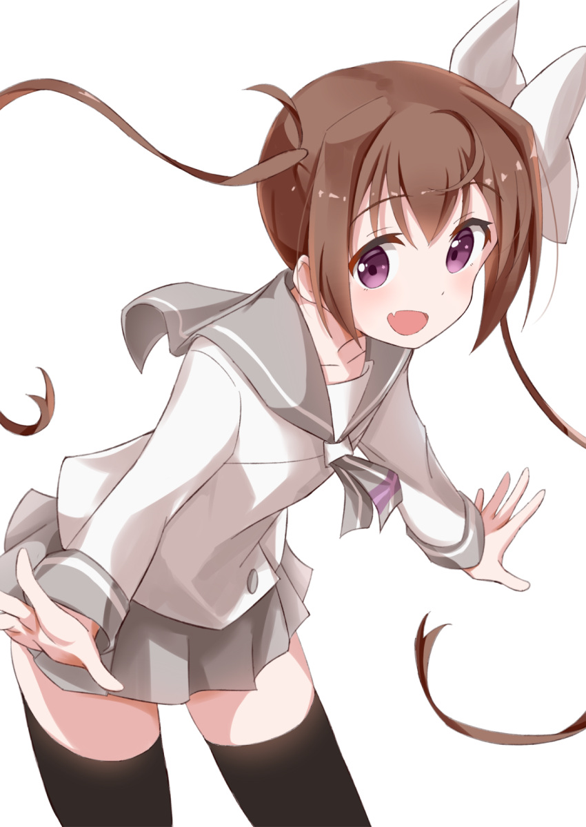 1girl bangs black_legwear bow brown_hair collarbone commentary_request eyebrows_visible_through_hair grey_neckwear grey_sailor_collar grey_skirt guraasan hair_between_eyes hair_bow highres leaning_forward long_hair long_sleeves momochi_tamate pleated_skirt sailor_collar school_uniform serafuku shirt simple_background skirt slow_start solo thigh-highs twintails very_long_hair violet_eyes white_background white_bow white_shirt