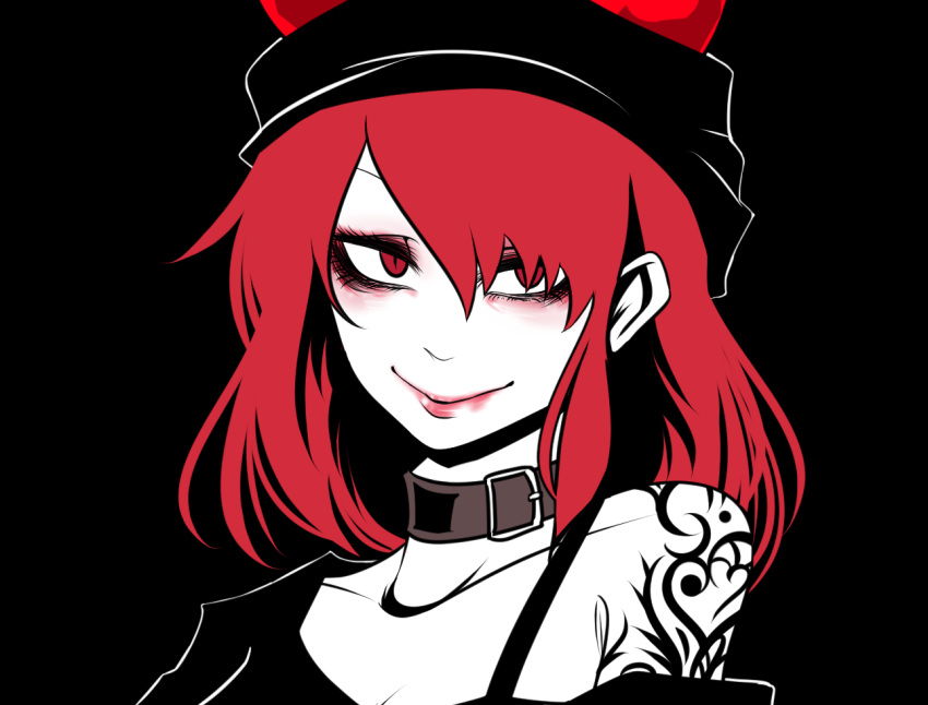 1girl black_background closed_mouth collar eyelashes flat_color hecatia_lapislazuli lips lipstick looking_at_viewer makeup off-shoulder_shirt polos_crown red_eyes red_lips red_lipstick redhead sei_no_ji shirt simple_background smile solo tattoo touhou upper_body