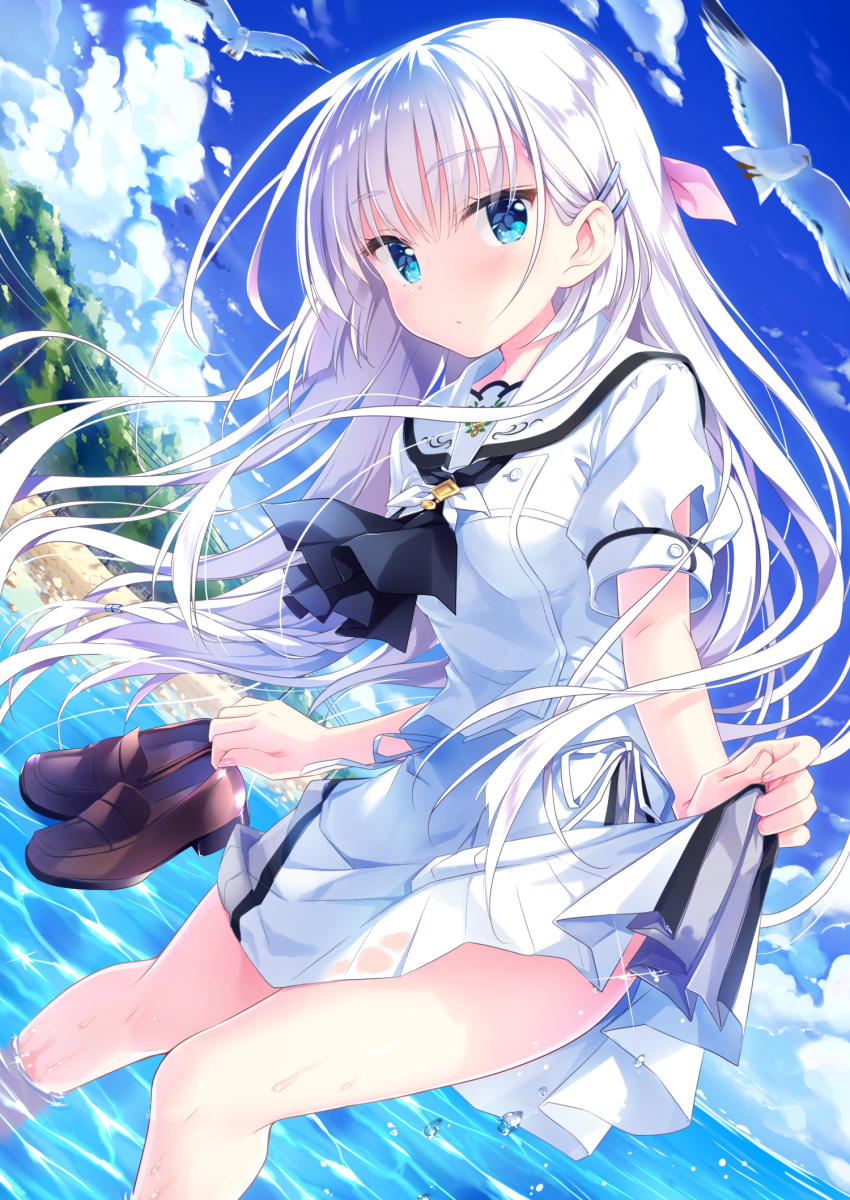 1girl bird blue_eyes blush expressionless eyebrows_visible_through_hair hair_ornament hairclip highres holding holding_shoes key_(company) kimishima_ao long_hair looking_at_viewer mary_janes pleated_skirt sailor_collar school_uniform shoes skirt skirt_hold sky sparkle water water_drop white_hair