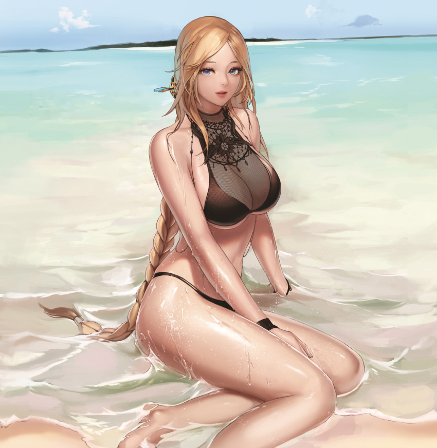 1girl bangs bare_shoulders beach bikini black_bikini blue_eyes braid breasts clouds day dungeon_and_fighter feet_out_of_frame female_gunner_(dungeon_and_fighter) highres horizon large_breasts long_hair looking_at_viewer monaim ocean outdoors parted_bangs parted_lips sand shore single_braid sitting smile solo swimsuit very_long_hair water waves wet wristband yokozuwari