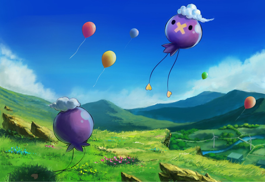 balloon black_eyes blue_sky cliff clouds day drifloon flying full_body gen_4_pokemon grass heart kyarage_(soda) mountainous_horizon no_humans outdoors pokemon pokemon_(game) pokemon_dppt river rock scenery shiny sky solid_circle_eyes wind wind_turbine windmill